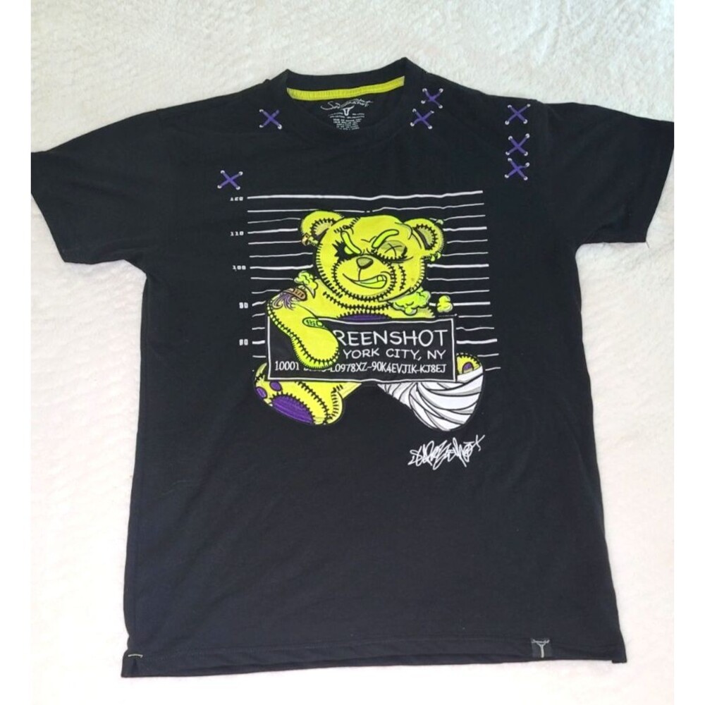 Mugshot NYC New York Appliqué Bear Graphic T-Shirt Black Men’s Medium NWOT